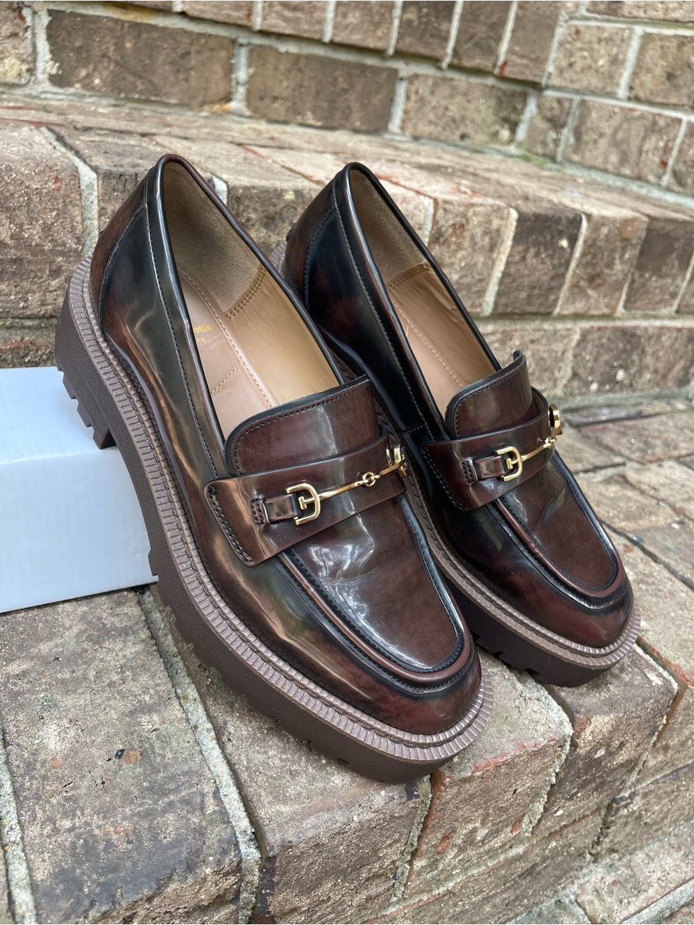Sam Edelman Brown Lug Sole Horsebit Loafers Glossy Platform Shoes Women’s 8.5 - Picture 7 of 16